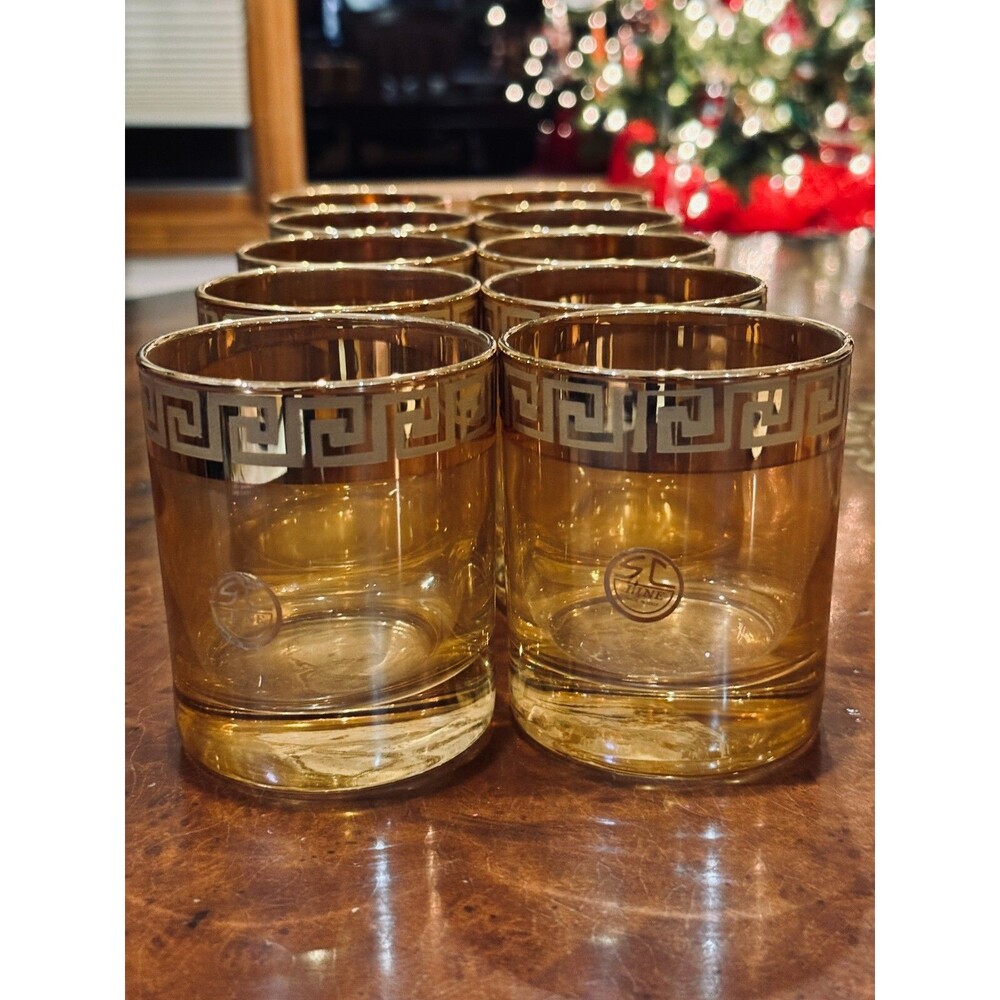 SC LINE Gold DOF Tumbler Glasses with Greek Key Gold Trim Set of 8 Brand New